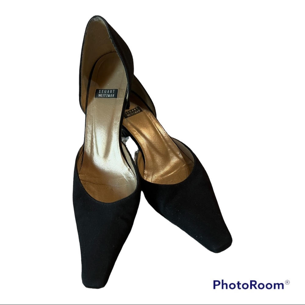 Stuart Weizmann Black Satin D’Orsay Kitten pump